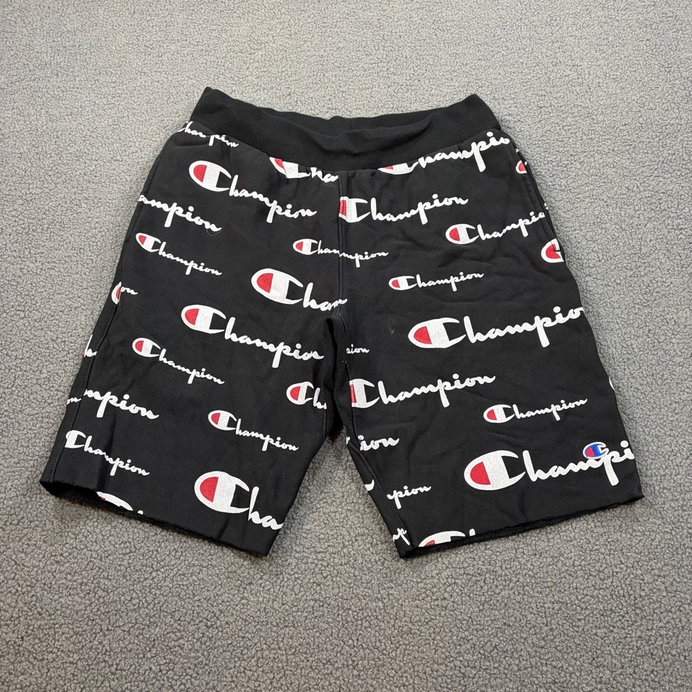 Champion Shorts Mens Medium Black Reverse Weave All Over Print Script Logo Gym